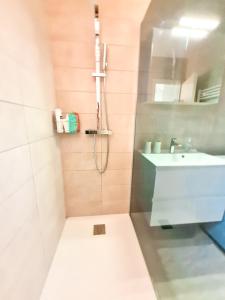 uma casa de banho com um chuveiro e um lavatório. em La perle du Roussillon em Fitou