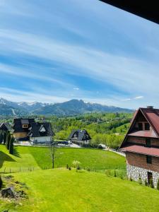 a green field with houses and mountains in the background at Apartamenty u Ptaszka in Zakopane