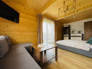 a bedroom with a bed and a couch and a table at Apartamenty u Ptaszka in Zakopane