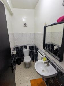 y baño con aseo, lavabo y espejo. en perfect place in Casa but not too close, great transportation and 5km to the beach and shops all around trams, buses, train, en Casablanca