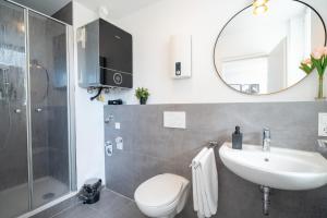 a bathroom with a sink toilet and a mirror at Penthouse Panoramablick Whirlpool Parken in Koblenz
