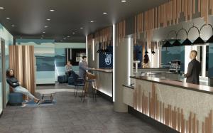 a rendering of a restaurant lobby with a woman sitting at a counter at the niu Stream in Mönchengladbach