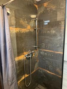 een douche met een glazen deur in de badkamer bij Bungalow Neuss in Neuss