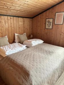 two beds in a room with wooden walls at Hytte nær Ål 