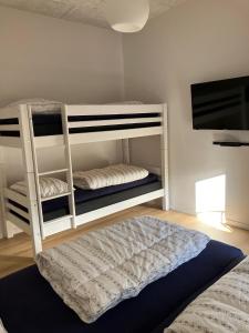 a bedroom with two bunk beds and a flat screen tv at Randbøldal Camping & Cabins in Randbøl