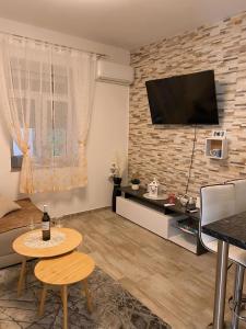 ein Wohnzimmer mit einem TV an einer Backsteinwand in der Unterkunft Apartment Lucija in Jablanac