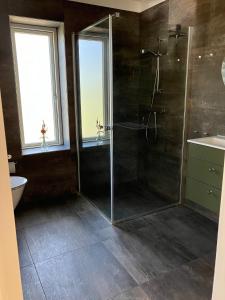 a bathroom with a shower with a glass door at Randbøldal Camping & Cabins in Randbøl