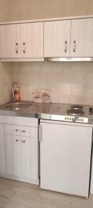 a kitchen with a sink and a stove at Krinelos Rooms in Skala Eresou +26 photos