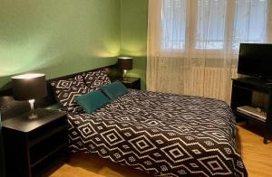 1 dormitorio con cama y pared verde en Cosy apartment proche Paris et Disneyland, en Gagny