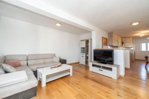 a living room with a couch and a tv at Ema's Olive Garden Apt 2 -private parking, 10 min drive from sandy beach in Poličnik