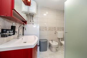 a bathroom with a sink and a toilet at Ema's Olive Garden Apt 2 -private parking, 10 min drive from sandy beach in Poličnik +31 photos