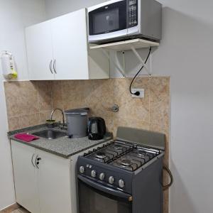 a kitchen with a stove and a microwave at Alquiler temporario - NG in Resistencia