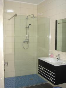 een badkamer met een douche, een wastafel en een spiegel bij Hotel Restaurant Dao in Foetz
