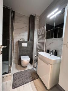 een badkamer met een toilet, een wastafel en een douche bij 3RooM Deluxe Sarajevo in Sarajevo