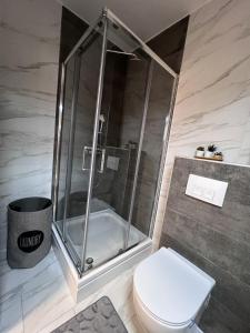 een badkamer met een douche en een toilet bij 3RooM Deluxe Sarajevo in Sarajevo