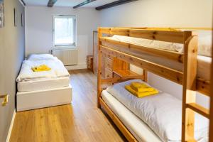 2 Etagenbetten in einem Zimmer mit Holzböden in der Unterkunft Waldhof-Iphofen in Iphofen