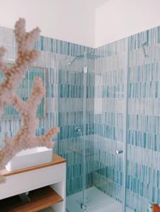 een badkamer met een glazen douche en een wastafel bij Le Terrazze di Mineo in Cinisi