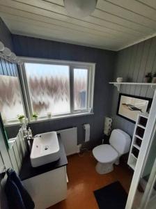 łazienka z toaletą, umywalką i oknem w obiekcie Dimond cottage w mieście Laxamýri