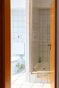 ein Bad mit einer Dusche und einem WC in der Unterkunft Waldhof-Iphofen in Iphofen