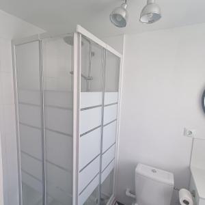 a white bathroom with a shower and a toilet at Duquesa Harbour Club Aparthotel in Manilva