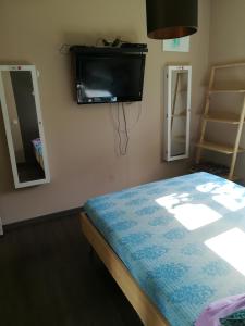 een slaapkamer met een bed en een tv aan de muur bij Notre nid d'amour in Saint-Sernin-du-Bois
