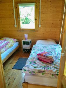 2 Betten in einem Holzzimmer mit Fenster in der Unterkunft Domek nad Olszanka in Olszanica
