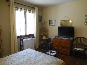 1 dormitorio con 1 cama y vestidor con TV en La Madriguera Accommodation, en Gardes-le-Pontaroux