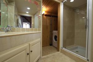 ein Badezimmer mit einem Waschbecken und einer Waschmaschine in der Unterkunft Gite de la Bouvotte in Neuville-sur-Vanne + 26 Fotos