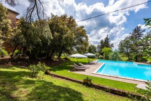 einen Pool im Garten mit Stühlen und Sonnenschirmen in der Unterkunft La Torre di Monsindoli in Siena