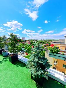 - un balcon avec des arbres sur le côté du bâtiment dans l'établissement Penthouse View Aeroport Iasi, à Iaşi