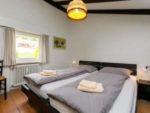 1 dormitorio con 2 camas y lámpara de araña en Apartment Villaggio Sureggio - App- A 1 by Interhome, en Lugaggia