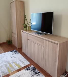 TV de pantalla plana en la parte superior de un centro de entretenimiento de madera en Hársfa apartman en Makó