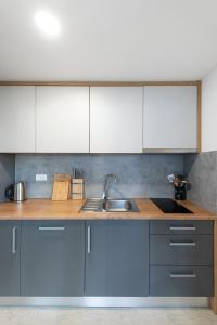 a kitchen with blue and white cabinets and a sink at Luxury mobile home HIMALAJA, Oaza mira, Drage in Drage