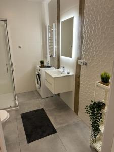 een badkamer met wastafel en wasmachine bij Rewal Cliff Morska 1 in Rewal