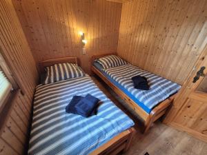 dwa łóżka w pokoju z drewnianymi ścianami w obiekcie Eichholz-Hof Blockhaus Objekt-ID 15465-1 w mieście Waren