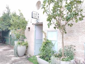 una casa con una puerta azul y algunas plantas en Mina Boutique en Jerusalén