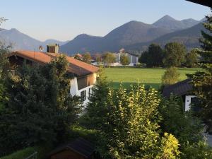 a house with a field and mountains in the background at Ferienwohnungen Lärchennest zwischen Chiemsee und Bergen in Bernau am Chiemsee