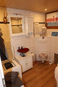 a small bathroom with a sink and a toilet at Ferienwohnungen Lärchennest zwischen Chiemsee und Bergen in Bernau am Chiemsee