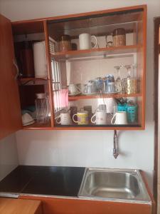 a kitchen with a sink and a shelf with dishes at Pearl furnished residence in Buloba