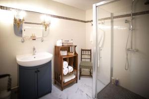 a bathroom with a sink and a shower at Les Ecrivains at Domaine Le Touran near Saint Emilion in Pellegrue +15 photos