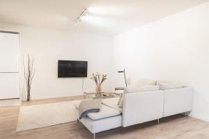 a white living room with a white couch and a tv at Fantastic apartment wprivate terrace in Aarhus