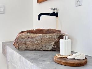 un bagno con una roccia e un distributore di sapone su un bancone di CASA CACTOS a São Miguel do Gostoso Altre 12 foto