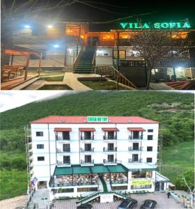 deux photos d'un hôtel la nuit et d'un bâtiment dans l'établissement Vila Sofia Gllava - Resort, à Memaliaj