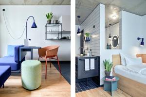 two images of a room with a bed and a desk at STAYERY Berlin Friedrichshain in Berlin