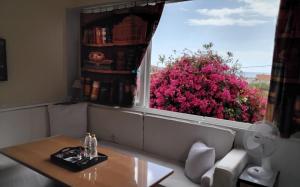 a room with a couch and a window with pink flowers at Peaceful oasis in Athens