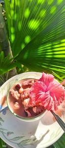 una ciotola di cibo con un fiore rosa dentro di Villa de Flora Zanzibar 
