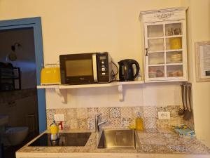 eine Küche mit einer Spüle und einer Mikrowelle auf einem Regal in der Unterkunft Cla&Cha Studio in Bonassola