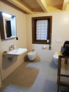 La salle de bains est pourvue d'un lavabo, de toilettes et d'un miroir. dans l'établissement Agriturismo Le Rocher Fleuri, à Bard