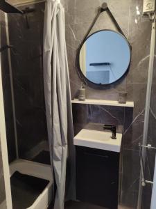 a bathroom with a sink and a mirror and a shower at Find yourself apartment Dunkerque in Coudekerque-Branche
