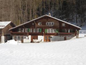 ein großes Holzhaus im Schnee mit Bäumen in der Unterkunft Lengwald, Ferienwohnung - b48647 in Stechelberg